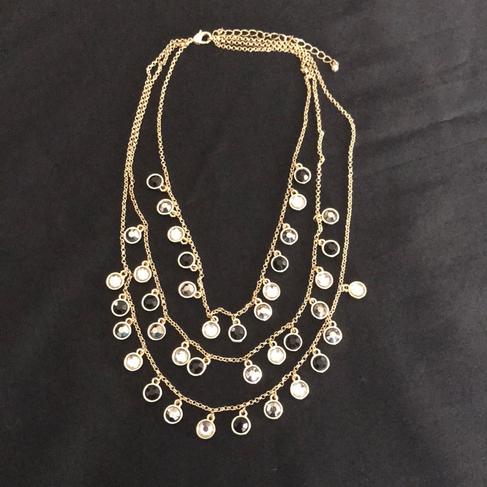 3 Tiered Necklace with Bezel Black, Clear & Silver Crystals, Gold Tone